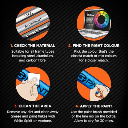 Bike Paint - Touch-Up Paint Kit for Scratched or Chipped Frames - 4 Pack of 10ml Bottles - Black/White/Red/Cyan. Mix to Color Match. Includes Applicator Brush, Durable, Permanent & Tough