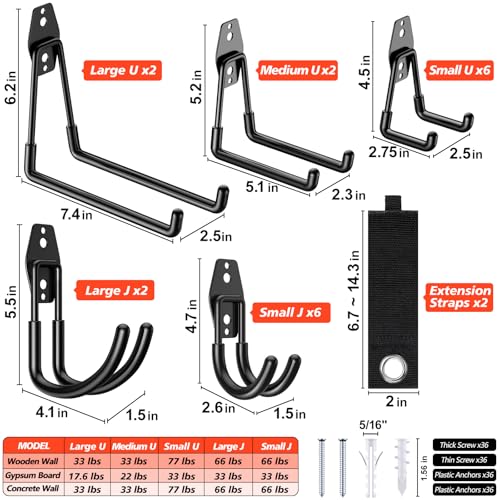 20 Pack Heavy Duty Garage Hooks,Solid Steel Wall Mount Hangers,with Anti-Slip Coating,for Hanging and Organising Ladder,Bike,Ropes,Broom,Garden,Yard and Power Tools - color: 20 Pack Black