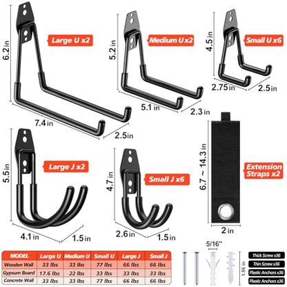 20 Pack Heavy Duty Garage Hooks,Solid Steel Wall Mount Hangers,with Anti-Slip Coating,for Hanging and Organising Ladder,Bike,Ropes,Broom,Garden,Yard and Power Tools - color: 20 Pack Black