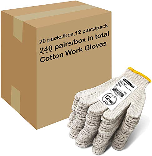 Evridwear Cotton Polyester String Knit Shell Safety Protection Work Gloves for Painter Mechanic Industrial Warehouse Gardening Construction Men One Case (12 PairsX20) With no dots, L Size - color: No Dots - 240 Pairs, size: Large