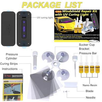 CLAMPER Windshield Repair Kit, Windshield Crack Repair Kit 4 Pcs, Windscreen Repair Kit with Enhanced Injection Head Suction Cup UV Curing Light, Windshield Chip Repair Kit for Bulls-Eye (Yellow)