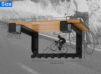 Bike Rack Wall Mount with Shelf and 8 Hooks Offer Horizontal Indoor Bike Storage for Sheds Garages. Wooden Bike Rack Bracket for Road, Mountain, Travel Bicycles, Maximizing Space