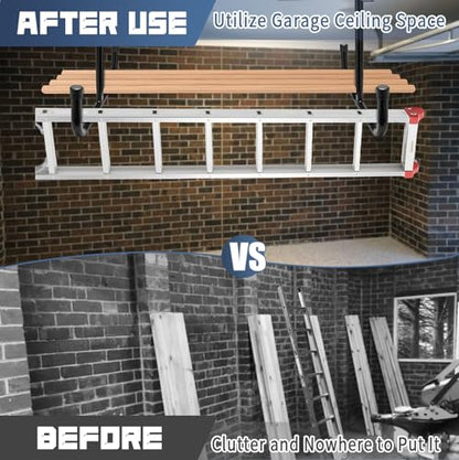 2 Pack Overhead Garage Storage Rack with 6 J Hooks, 66Lbs/Ceiling Rack & 45Lbs/Hook, Heavy Duty Garage Ceiling Storage for Lumber, Ladder, Bike