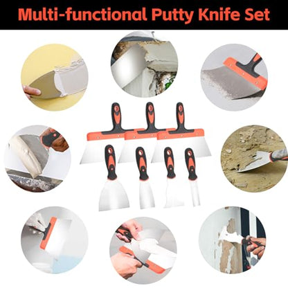 Drywall Knife Set, 10 Pcs Stainless Steel Drywall Hand Tool Kit Includes Putty knife, Taping knife, Painter Scraper Tool & Mud Pan for Joint Taping, Finishing, Patching on Wallpaper
