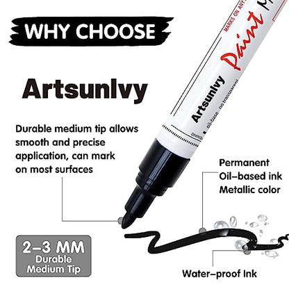 Artsunlvy Black Paint Pens Permanent Markers - 2 Pack Oil Based Quick Dry Waterproof Markers for Plastic, Tire, Rubber,Wood, Rocks, Metal, Canvas, Dark Surface,Craft Art Supplies,Medium Point - color: Black