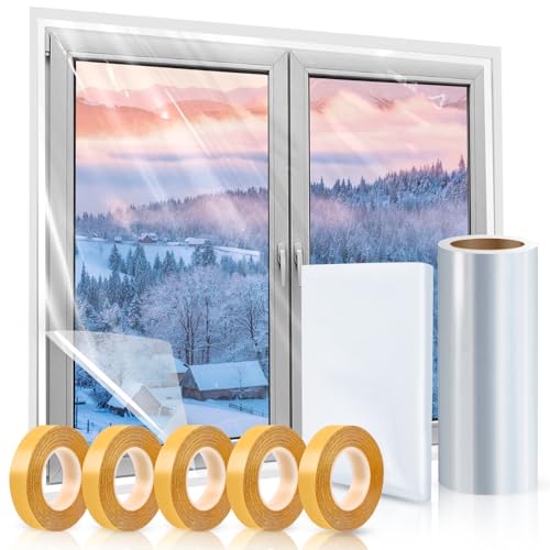 Window Insulation Kit, 63 × 394 Inch and 87 x 110 inch Plastic Window Covering for Winter, Window Insulation Film Window Wrap Insulation Windows Winterizing Kit with Double-Sided Tape - size: 63 × 394 Inch and 87 x 110 inch