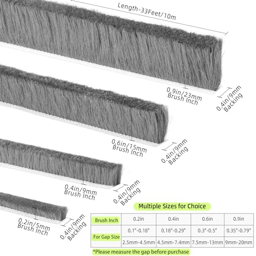 Door Brush Seal, 33Feet, Felt Pile Weather Stripping for Doors, Weather Strip for Windows Cabinet, Self Adhesive Draft Blocker, Dust Stopper Sliding Door Seal Winter, Grey 10m - size: 33 Feet