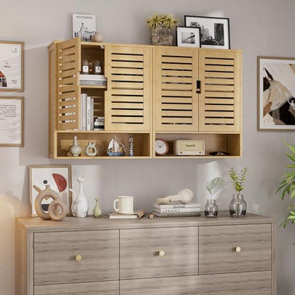 SMIBUY Bathroom Cabinet Wall Mounted, Bamboo Over-The-Toilet Storage Organizer, Space Saver Medicine Cabinet with 2 Door and Adjustable Shelves (Natural) - color: Natural