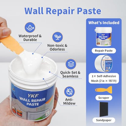 YKF Drywall Repair Kit (18 oz) - Spackle Paste with Scraper & Self-Adhesive Mesh - Quick Dry Waterproof Wall Repair for Holes, Cracks, Nail Holes, Dents - White - style: 18 oz Kit (with Scraper & Mesh Tape)