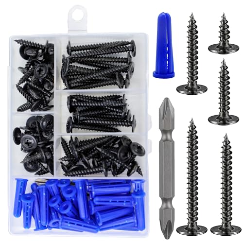 Wensilon(95 pcs)#8 Black Truss Head Wood Screws Quick Metal Self Tapping Zinc Oxide with Drywall Plastic Anchors Assortment Kit - size: Black Phillips Truss Head Wood Screws