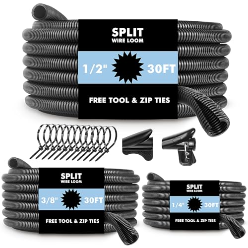 Automotive Wire Loom Flame Retardant Split Wire Loom Tubing Assortment Wiring Loom Kit Plastic Cover Electrical Covering Conduit Protective Wire Wrap Cable Sleeves Black 1/4", 1/2", 3/8" x 30 Ft - size: 1/4, 1/2, 3/8 Inch-30ft