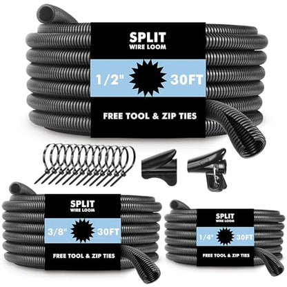 Automotive Wire Loom Flame Retardant Split Wire Loom Tubing Assortment Wiring Loom Kit Plastic Cover Electrical Covering Conduit Protective Wire Wrap Cable Sleeves Black 1/4", 1/2", 3/8" x 30 Ft - size: 1/4, 1/2, 3/8 Inch-30ft