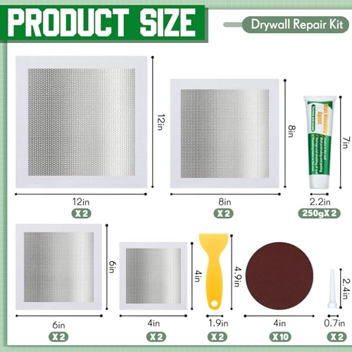 Landical 24 Pieces Large Drywall Repair Kit 4/6/8/12 Inch Drywall Patch Kits with Scraper, Wall Mending Agent Mending Heavy Duty Self Adhesive Mesh Patch for Large Hole Wall and Ceiling