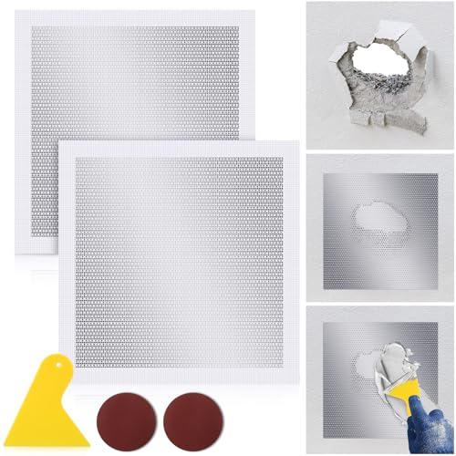 Yaocom 2 Pcs 12x12 Inch Drywall Repair Kit Self Adhesive Mesh Drywall Repair Patch Set with Sanding Pads and Scraper Heavy Duty Metal Aluminum Dry Hole Patch Tools for Large Hole Wall Ceiling Tool - size: 12 x12"