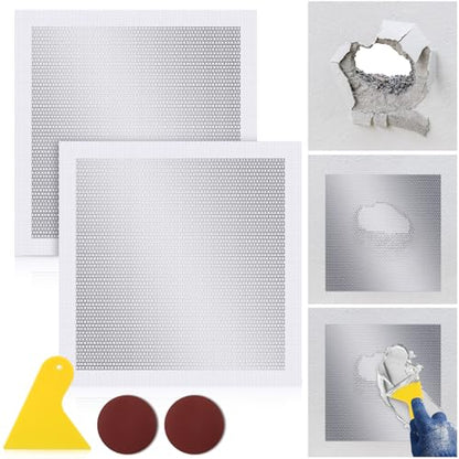 Yaocom 2 Pcs 12x12 Inch Drywall Repair Kit Self Adhesive Mesh Drywall Repair Patch Set with Sanding Pads and Scraper Heavy Duty Metal Aluminum Dry Hole Patch Tools for Large Hole Wall Ceiling Tool - size: 12 x12"