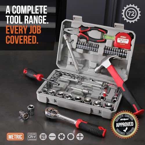 Hi-Spec 52pc Home Garage Mechanics DIY Tool Kit Set. Metric Sockets, Ratchet Wrench, Screwdriver Bit Set, Pliers and Spark Plug Accessories in a Portable Toolbox Case - size: 52 PCS