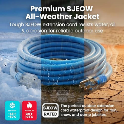 GEARit 100 ft Outdoor Extension Cord 14/3 Gauge SJEOW 14 AWG, 3-Prong Heavy Duty Power Cable with Lighted End, 15A 125V 1875W, Waterproof Cord for Tools, Lawn & Garden, Blue - size: 14 AWG Gauge, style: 100 Feet (SJEOW Rated)