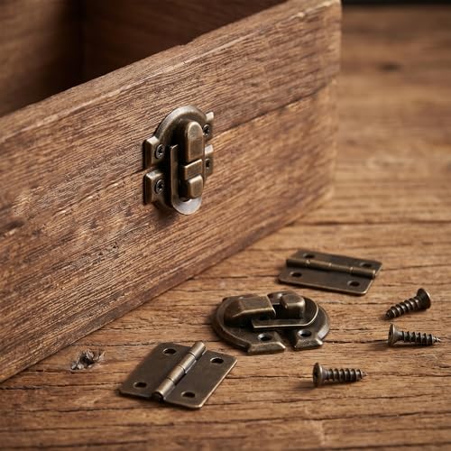 Thinp Antique Bronze Jewelry Box Hinges and Latches, Retro Small Hinges for Wooden Box Metal Small Hinge for Wood Boxes Project Cabinet with Matching Screws (2* Catch + 4* Hinges)