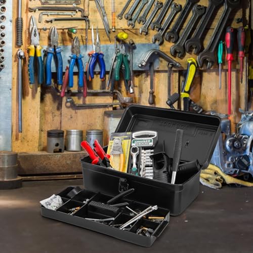 Tosnail Metal Tool Box, 14" Portable Empty Toolbox with Handle, Latch Closure and Removable Divided Storage Tray, Heavy Duty Craftsman Tools Organizer, Black