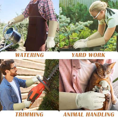 HANDLANDY Pruning Gloves Long for Men & Women, Pigskin Leather Rose Gardening Gloves- Breathable & Durability Gauntlet Glove Medium - color: Beige, size: Medium (Pack of 1)