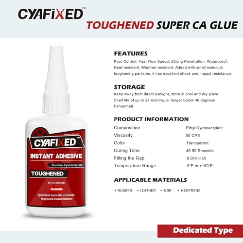 CYAFIXED Toughened Super CA Glue, Professional Grade Cyanoacrylate Instant Adhesive, 2 oz. (56.8 Grams) - CA Glue for Rubber, Leather, Carbon Fiber, Speakers and Seals - size: 2 Oz, style: Toughened