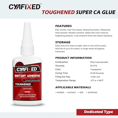CYAFIXED Toughened Super CA Glue, Professional Grade Cyanoacrylate Instant Adhesive, 2 oz. (56.8 Grams) - CA Glue for Rubber, Leather, Carbon Fiber, Speakers and Seals - size: 2 Oz, style: Toughened