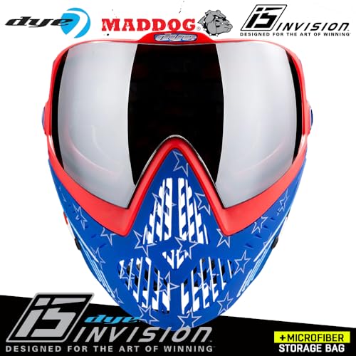 Maddog Dye i5 Thermal Anti-Fog Paintball Airsoft Mask Goggle System Combo with Microfiber Bag | Safety Certified Protection - color: Merica Red/White/Blue