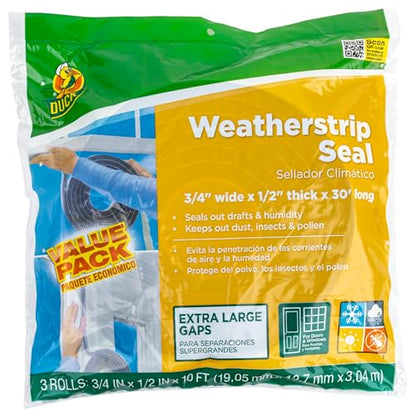 Duck Brand Self Adhesive Foam Weatherstrip Seal for Extra Large Gaps, 30 Total Feet, Window and Door Seal Strip Foam Tape, 3/4-Inch Wide x 1/2-Inch Thick x 10-Feet Long, 3 Rolls, Charcoal (284424)