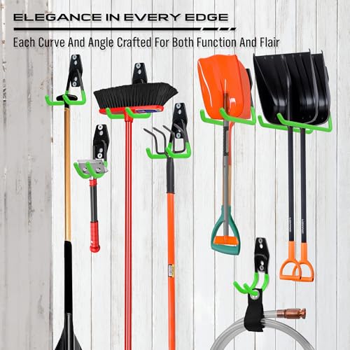 15-Piece Garage Wall Hooks with 3 Extension Straps, Green Heavy Duty Tool Storage Rack for Ladder, Bike, Shovel, Garden Tools, Metal Wall Mount Organizer Set - style: 15-Pack Hooks + 3 Straps（green）