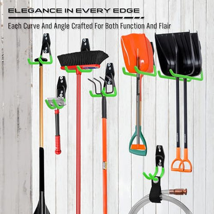 15-Piece Garage Wall Hooks with 3 Extension Straps, Green Heavy Duty Tool Storage Rack for Ladder, Bike, Shovel, Garden Tools, Metal Wall Mount Organizer Set - style: 15-Pack Hooks + 3 Straps（green）