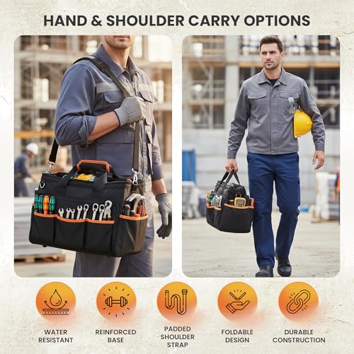 Electrician Tool Bag, 26-Pocket, 17-Inch, Potable Tool Box Organizer with Wide Mouth Opening & Padded Shoulder Strap, Water Resistant Heavy Duty Bag for Mechanics, Contractors, Plumber & Craftsmen