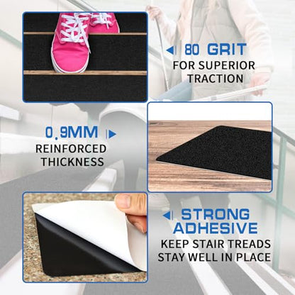 LadyRosian Outdoor Stair Treads Non Slip 15-Pack Black 6" x 30" - Weather Resistant Adhesive Heavy Grip Tape - Waterproof Anti Skid Strips - color: Black, size: 6" x 30"