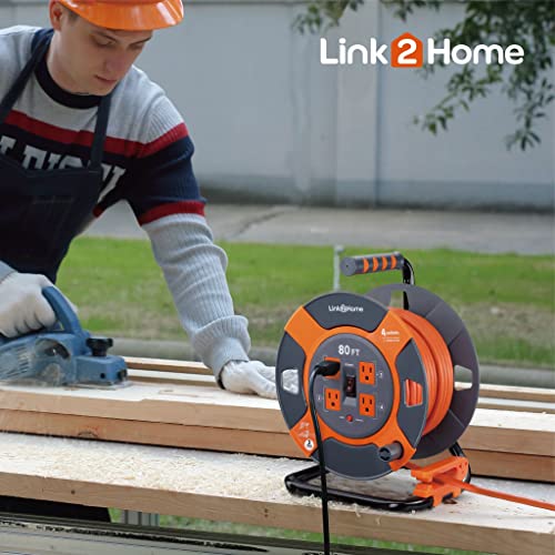 Link2Home Cord Reel 80 ft. Extension Cord 4 Power Outlets – 14 AWG SJTW Cable. Heavy Duty High Visibility Power Cord. - size: 80 ft
