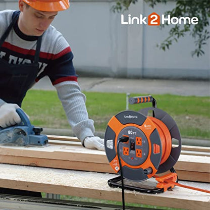Link2Home Cord Reel 80 ft. Extension Cord 4 Power Outlets – 14 AWG SJTW Cable. Heavy Duty High Visibility Power Cord. - size: 80 ft