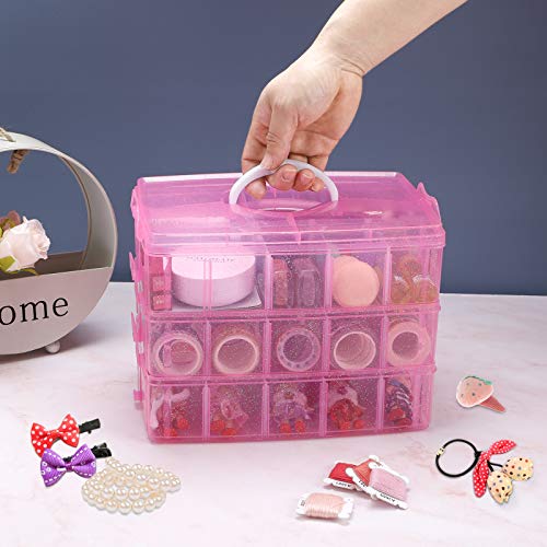 SGHUO Bead Organizers and Storage 3-Tier Pink Craft Container Stackable Box with Dividers for Art Supplies, Washi Tapes, Seed, Hair Accessories, Nail, 9.5X6.5X7.2in - style: 3 tier-pink