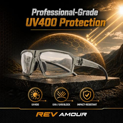 REV Amour Z87+ Safety Glasses, UV400 Impact-Resistant Sunglasses with Anti-Scratch for Work & Outdoor - color: Glass Trace