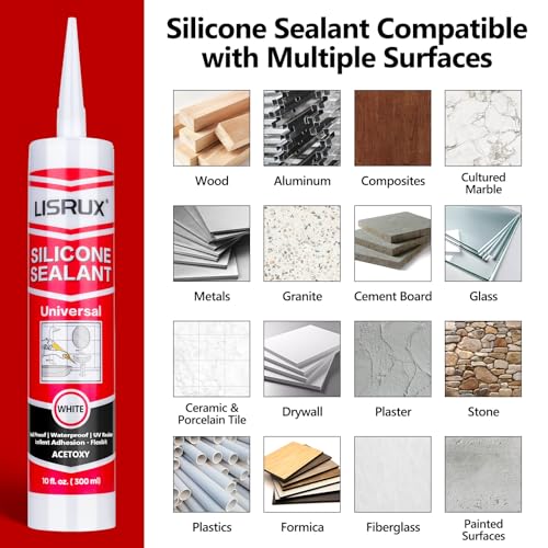 LISRUX Supreme Silicone Caulk for Kitchen & Bathroom, White, 10 fl oz Cartridge, 1 Pack - 100% Waterproof Silicone Sealant, Stronger Adhesion, Shrink & Crack Proof - size: 1P, style: White