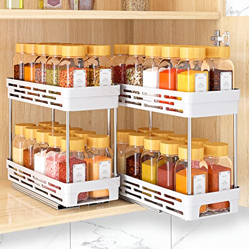 Pull Out Spice Rack Organizer for Cabinet, 2 Pack Slide Out Spice Racks Organizer, Spice Cabinet Organizers, Cabinet Size Need:12'' Highx11'' Deepx5'' Wide,Hold 10 Spice Jar Each Tier-2Tier, White - color: White, size: 2 Pack