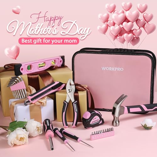 WORKPRO Pink Tool Set - 100 Pieces Pink Tool Kit with Easy Carrying Pouch, Household Tool Kit for Home, Apartment, Office, College, Perfect for DIY Projects, Home Maintenance - Pink Ribbon