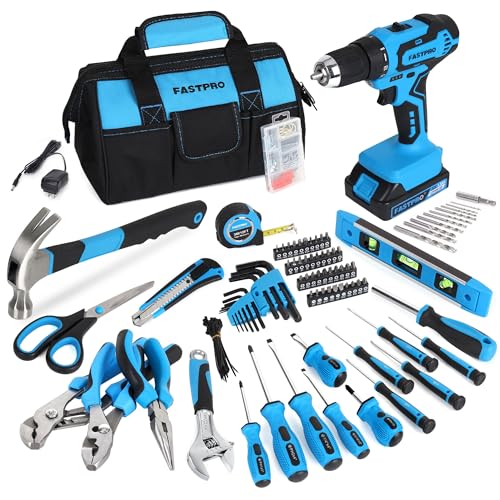 FASTPRO 232-Piece Home Tool Set with Drill, 20V Cordless Drill Driver, Household Repairing Tool Kit with Drill, 12-Inch Wide Mouth Storage Tool Bag Included, Blue - color: Blue