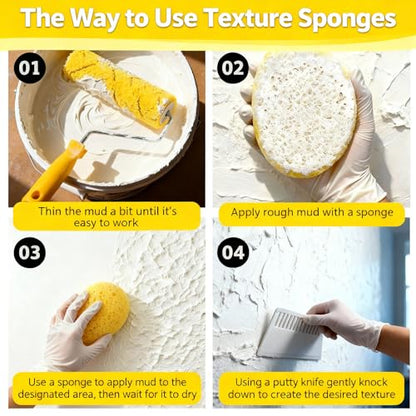 7-Piece Drywall Texture Repair Kit, 4 Knockdown Texture Sponges, 1 Scraper & 1 Pairs Gloves, for DIY Wall & Ceiling Patch, Matching Orange Peel & Splatter Texture