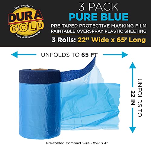 Dura-Gold 22" x 65' Pure Blue Pre-Taped Masking Film, (3 Pack) Painters Plastic Roll (0.4 Mil), Pull Down Drop Sheet, Pre-Taped Plastic Sheeting for Painting Protection on Auto, Walls, Furniture