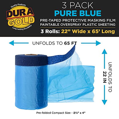 Dura-Gold 22" x 65' Pure Blue Pre-Taped Masking Film, (3 Pack) Painters Plastic Roll (0.4 Mil), Pull Down Drop Sheet, Pre-Taped Plastic Sheeting for Painting Protection on Auto, Walls, Furniture