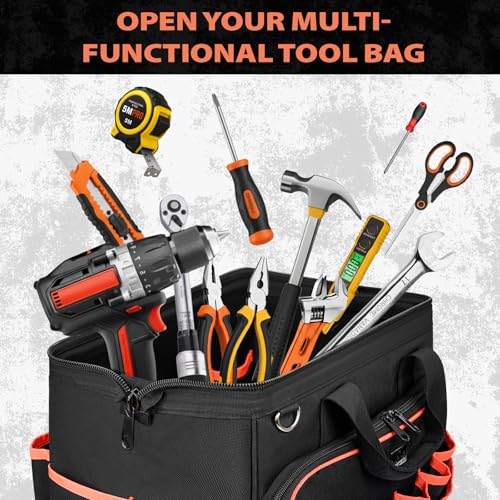 JJRING Heavy Duty 17inch Tool Bag with 48-Pockets, 1680D Oxford Organizer Storage Bag With Adjustable Shoulder Strap And Padded Handle For Electrician Plumbing Mechanics DIY And Craftsmen (RED)