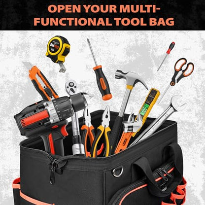 JJRING Heavy Duty 17inch Tool Bag with 48-Pockets, 1680D Oxford Organizer Storage Bag With Adjustable Shoulder Strap And Padded Handle For Electrician Plumbing Mechanics DIY And Craftsmen (RED)