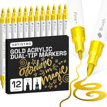 ARTISTRO 12 Gold Acrylic Paint Markers - Paint Pens for Drawing, Brush + Fine Tips - For Fabric, Rock, Glass, Wood, DIY - Art & Craft Supplies for Adults, Teens, Kids - Teacher Appreciation Gift - style: Gold