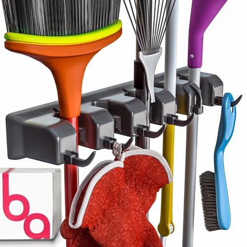 Broom Holder Wall Mount, Mop and Broom Organizer – Wall Mounted Broom Rack & Mop Rack, Rack for Brooms and Mops | Broom Hanger Wall Mount with 5 Slots & 6 Hooks, Kitchen Garage Laundry Garden - color: Black, size: 1 Pack