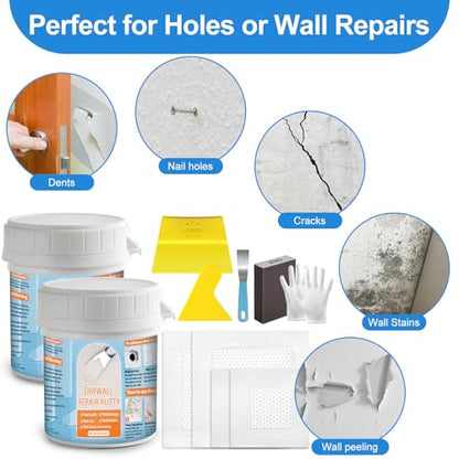 Dry Wall Patch Kits, Aluminum Spackle Wall Repair Patch Kit Fiber Mesh Plate with Scraper, 8.8oz X 2 White Repair Putty Drywall Hole Filler to Fix Wall Surface Holes, Quick Repair Creak Damage - color: 2 X 8.8oz White Wall Repair Putty Patch Kit