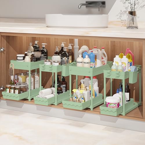 Sevenblue Under Sink Organizer, Bathroom Organizers and Storage, 2 Tier Multi-Use Pull Out Cabinet Organizer with Hang Hooks and Cups (Green, 4 Pack) - color: Green, size: 12.8 Inch