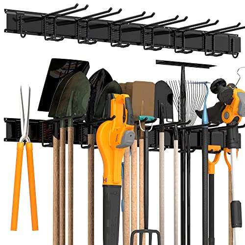 Storaboks Heavy Duty Garage Storage Rack System, Wall Mounted Tool Organizer with 8 Double Hooks, 3 Rails, Garden Yard Tools Hanger for Ski Gears, Broom, Rake, Shovel - size: 51inch 3 Panels+8 Hooks